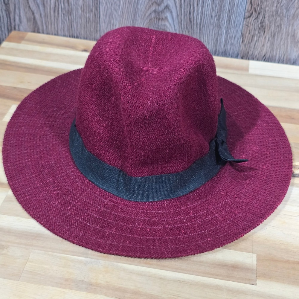 MARCUS ADLER‎ New York Wide Brim Hat Burgundy Knit Floppy Ribbon Bow One Size